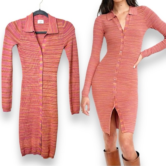 Aritzia Wilfred XS Stripe Ribbed Stretchy Knit Button Down 90s Midi Dress - Picture 1 of 14